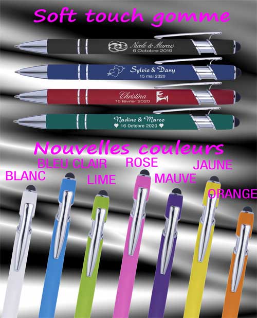 stylo soft touch imprim&eacute; noms des conjoints date et logo